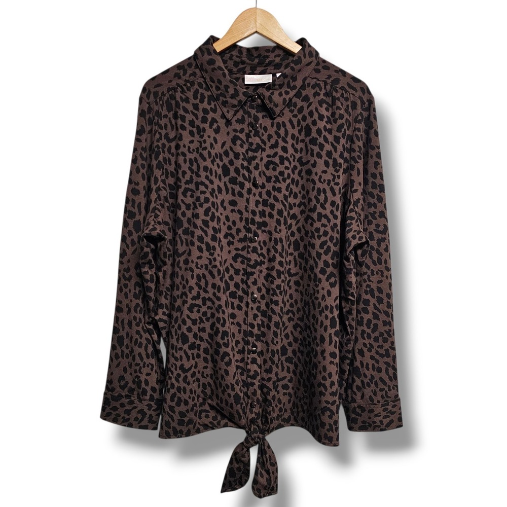 Belle by Kim Gravel Top 2X Womens Brown Leopard Print Tie Snap Front Earthy Fall